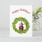 Carte de vœux - Souris Père Noël dans une couronne (Debout devant)