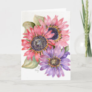 Carte de vœux - Tournesols roses et violets