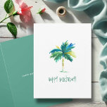 Carte De Voeux Tropical Palm Tree Pour Anniversair<br><div class="desc">Envoyez des voeux d'anniversaire chaleureux avec cette carte de voeux mignonne et tropicale pour un anniversaire, avec un palmier aquarelle dans des tons éclatants de turquoise, vert, bleu et jaune. Réplique de l'oeuvre d'origine peinte à la main par Victoria Grigaliunas, cette carte est parfaite pour partager des voeux d'anniversaire heureux...</div>