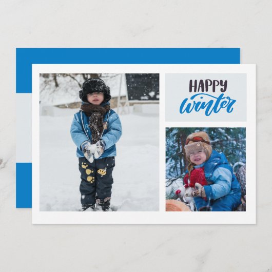 Carte de vœux Typography Happy Winter Blue Two Pho (Devant / Derrière)