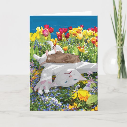 carte de vœux "Un chat blanc et son ami rat" (Devant)