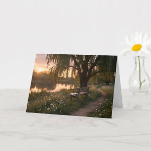 Carte de vœux vierge Crépuscule au lac avec banc a
