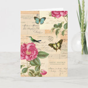Carte de voeux vintage avec roses et papillons