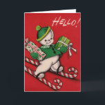 Carte de voeux Vintage Christmas Snowman<br><div class="desc">Vintage / Retro Snowman carte de Noël. Bonjour ! Snowman ski sur les sucres de canne !</div>