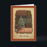 Carte de voeux Vintage Christmas Toy Store<br><div class="desc">Un sapin de Noël richement décoré se dresse à l'angle d'un magasin de jouets vintage,  entouré de cadeaux emballés,  de chevaux à bascule vintages et d'autres jouets dans cette peinture numérique de Jayne Wilson.</div>