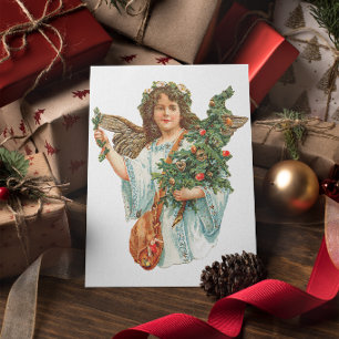 Carte de vœux vintage Noël ange avec arbre