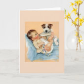 Carte de voeux vintage pour bébé et chien (Fleur jaune)