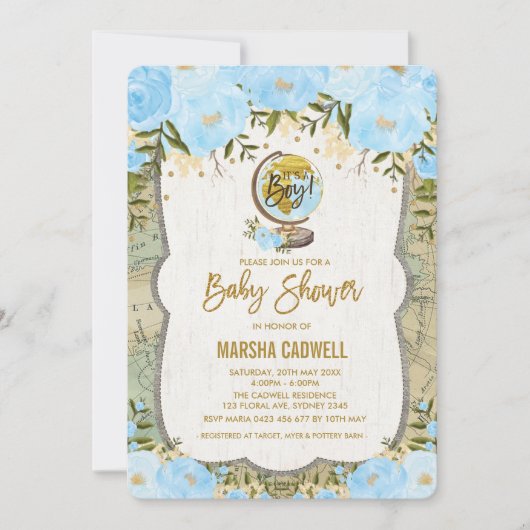 Carte de voyage Baby shower Aventure Globe Invitat (Devant)