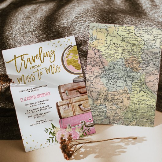 Carte de voyage Fête des mariées / Pink Gold Flora