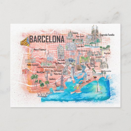 Carte de voyage illustrée de Barcelone avec les ro (Devant)