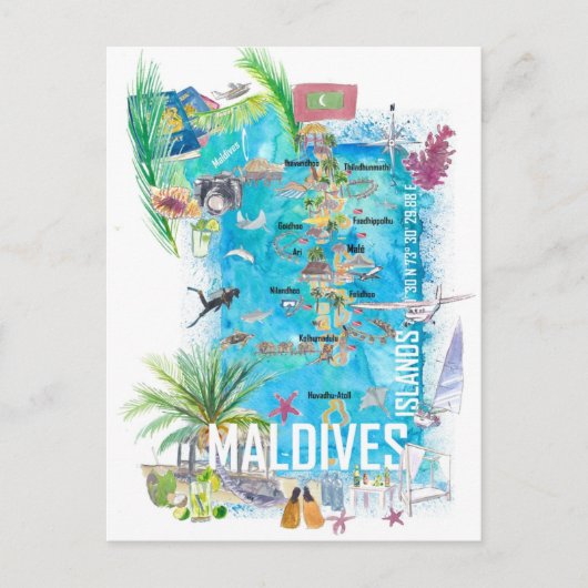 Carte de voyage illustrée des îles Maldives (Devant)