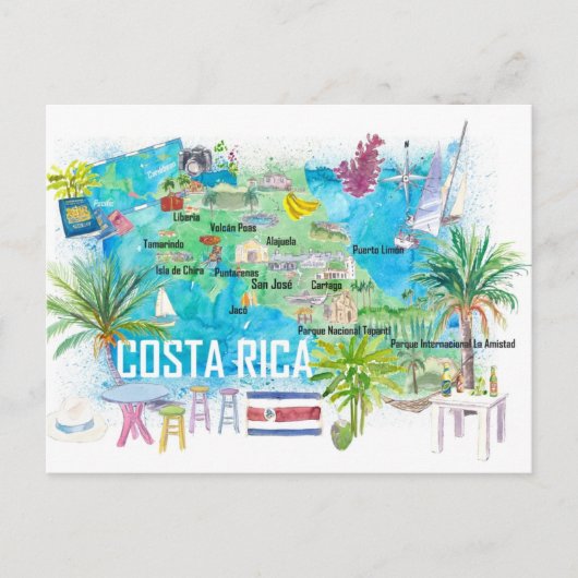 Carte de voyage illustrée du Costa Rica avec route (Devant)