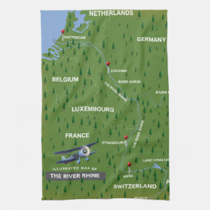 Carte de voyage rétro du Rhin. Torchons de cuisine