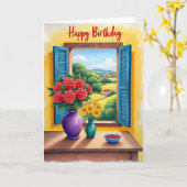 Carte de vue de fenêtre d'anniversaire (Fleur jaune)