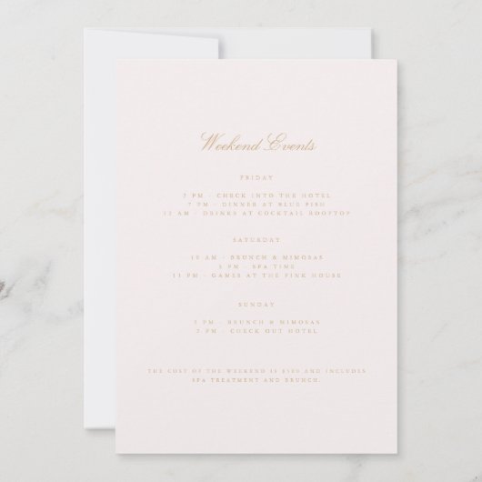 Carte de week-end de bachelorette à l'écriture dor (Dos)