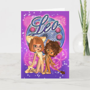 Carte de zodiaque de Lion avec la fille mignonne