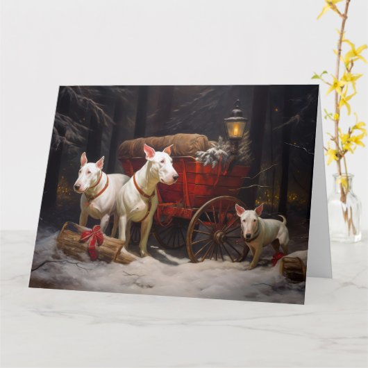 Carte Décor de Noël Bull Terrier Snowy Sleigh (Fleur jaune)