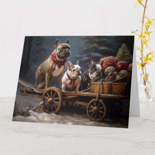 Carte Décor de Noël de Bulldog Snowy Sleigh (Fleur jaune)