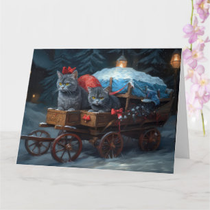 Carte Décor de Noël Oriental Blue Cat Snowy Sleigh