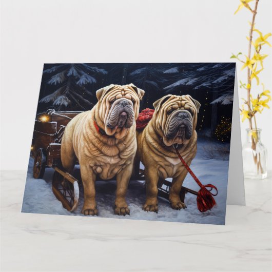 Carte Décor de Noël Shar Pei Snowy Sleigh (Fleur jaune)