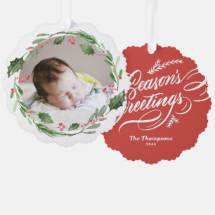 Carte Décorative Aquarelle Noël Verdure Wreath Baby Photo