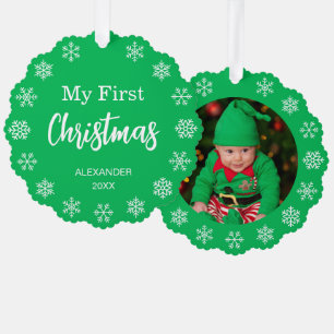 Carte Décorative Bébé Photo Flocons de neige Vert Mon premier Noël