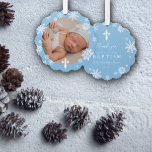 Carte Décorative Bleu Snowflakes Photo Hiver Baptême Merci