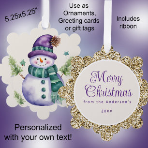 Carte Décorative Bonhomme de neige Violet Or Vert Joyeux Noël Messa