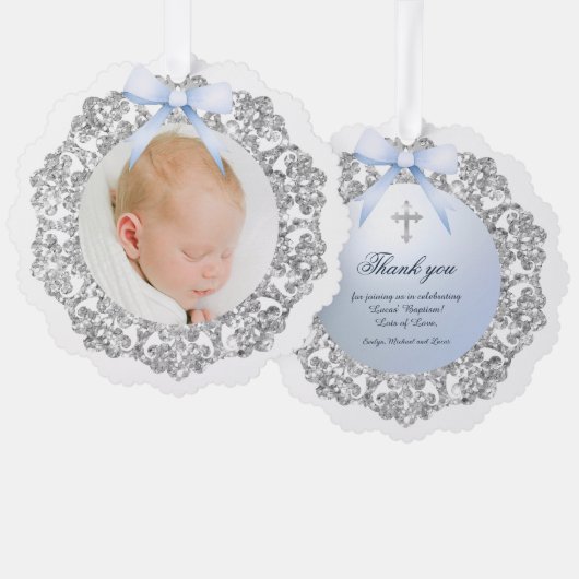 Carte Décorative Cadre Pailleté Argent Ruban Bleu Remerciement Bapt (Recto/Verso)