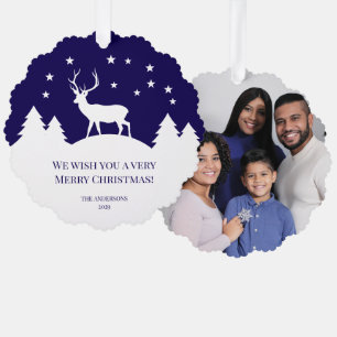 Carte Décorative Cerf de Noël Bleu Blanc Pins Famille Photo