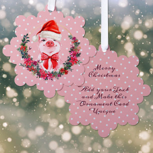 Carte Décorative Cochon mignon avec couronne Pois rose Noël
