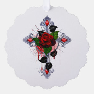 Carte Décorative Croix d'argent avec une rose rouge