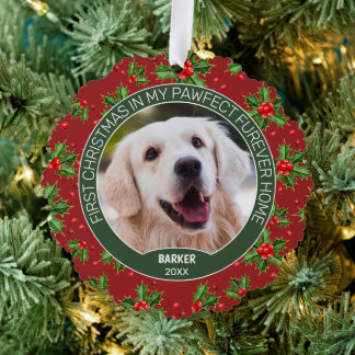 Carte Décorative Custom Cute Puppy Photo On Green Holly Red Berry