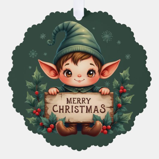 Carte Décorative Cute Christmas Elf Holding Merry Sign Green (Recto)