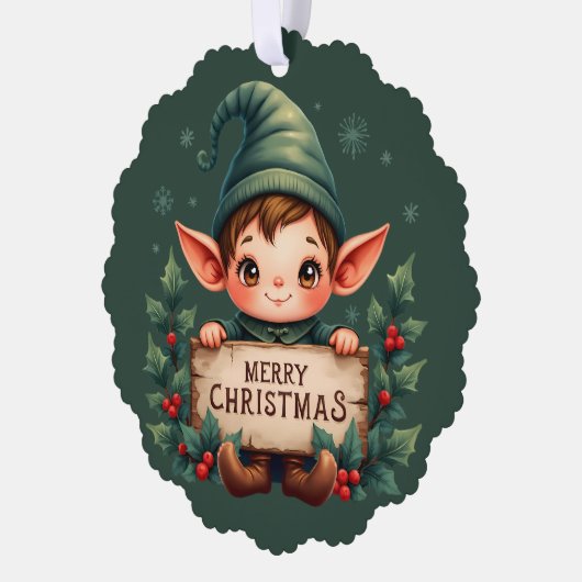 Carte Décorative Cute Christmas Elf Holding Merry Sign Green (Gauche)