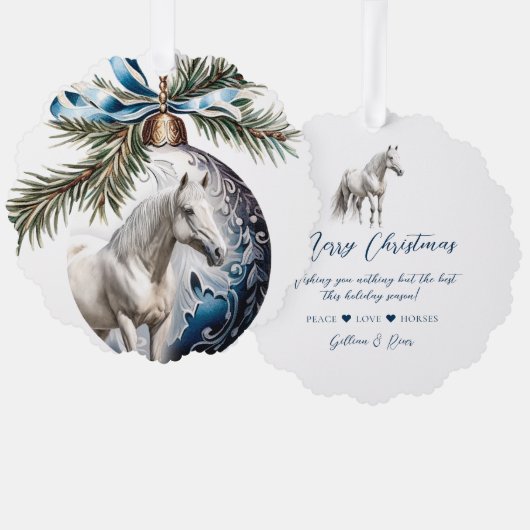 Carte Décorative Élégant bleu Noël blanc cheval équestre (Recto/Verso)