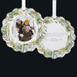 Carte Décorative Gold Winter Greenery Joyeux Noël Photo Wreath<br><div class="desc">Invitation vos proches pour célébrer les fêtes avec une Gold Winter Greenery Joyeux Noël Photo Wreath Ornament Card. Vous pouvez vous en tant qu'étiquette cadeau ainsi qu'un ornement de carte de Noël pour vos proches arbre de Noël. Cette carte de voeux festive allie la verdure botanique d'hiver et les baies...</div>