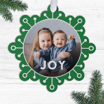 Carte Décorative Gras Colorful Flèche de neige Joie Photo Noël<br><div class="desc">Envoyez des salutations de vacances uniques avec ces cartes de Noël amusantes qui se double comme des ornements ou de grandes étiquettes cadeaux! Elles présentent un design simple de flocon de neige, une typographie moderne lisant JOY, et un modèle photo en forme de cercle sur un arrière - plan vert...</div>