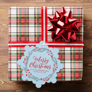 Carte Décorative Joyeux Noël bleu pâle rouge script rustique couron