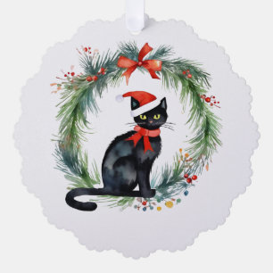 Carte Décorative Joyeux Noël personnalisé Chat noir et Couronne de