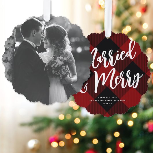 Carte Décorative Marry & Joyeux Script Rouge Plaid Photo Noël