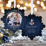 Carte Décorative Mer et salutations Ancre Bleu Bois Imprimer<br><div class="desc">Carte d'ornement photo de Noël - Marine Blue Blue Wood Print. Ancre surmontée d'aquarelle florale y compris poinsettias rouges,  cônes de pin et autres belles verdure d'hiver. C'est une carte de voeux qui est aussi un ornement.</div>