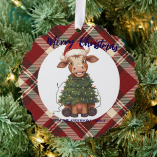 Carte Décorative Mignon vache joyeuse arbre de Noël veau bœuf Xmas