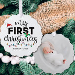 Carte Décorative Mon premier Noël avec photo de nom<br><div class="desc">Jolie première décoration de Noël décorée d'un chapeau de Père Noël rouge,  de feuilles saints et de lumières de Noël colorées. Facilement personnalisable avec le nom du bébé et l'année courante et l'une de vos photos préférées au contraire.</div>