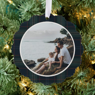 Carte Décorative Noël photo élégant carreau bleu marine et vert