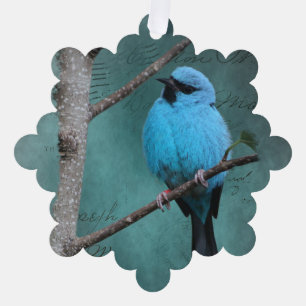 Carte Décorative Oiseau bleu sur une branche en techniques mixtes