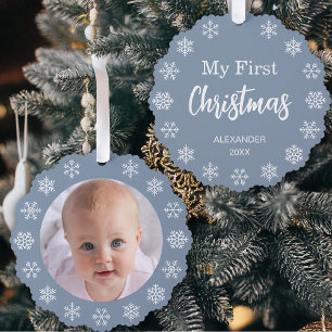 Carte Décorative Photo de bébé Bleu Poussiéreux Premier Noël Flocon