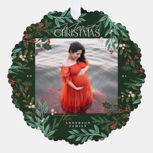 Carte Décorative Photo de Noël botanique vert classique (Recto)