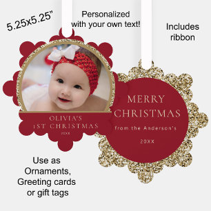 Carte Décorative Photo de Noël de bébé avec nom en rouge et or