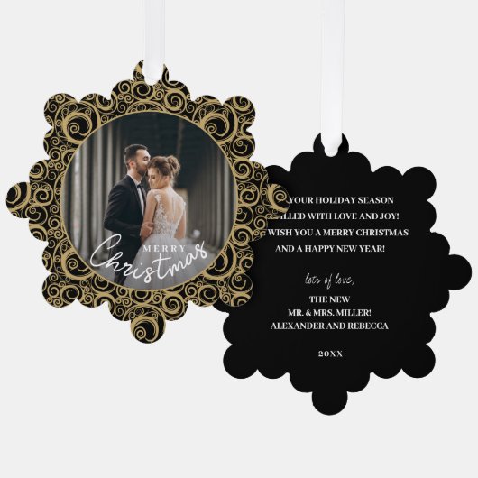 Carte Décorative Photo mariage sur Gold Swirl Papier de Noël noir (Recto/Verso)
